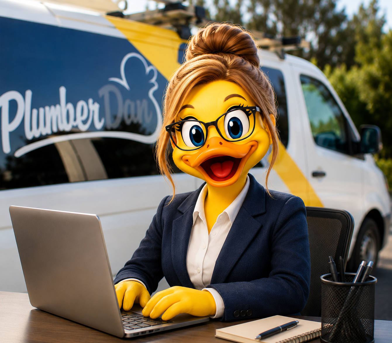 A person dressed as a duck character with glasses, a ponytail, and business attire working on a laptop at an outdoor office space. A van with 'Plumber Dan' branding is in the background.