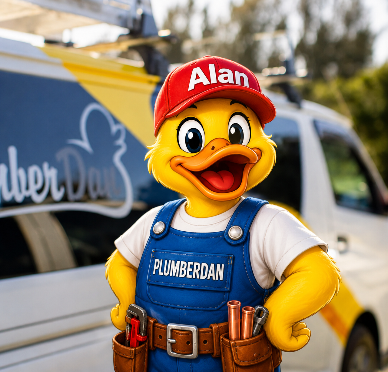 Animated duck character wearing a red cap with 'Alan' written on it, blue overalls with a carpenter's belt holding tools, posing as a plumber in front of a work truck.