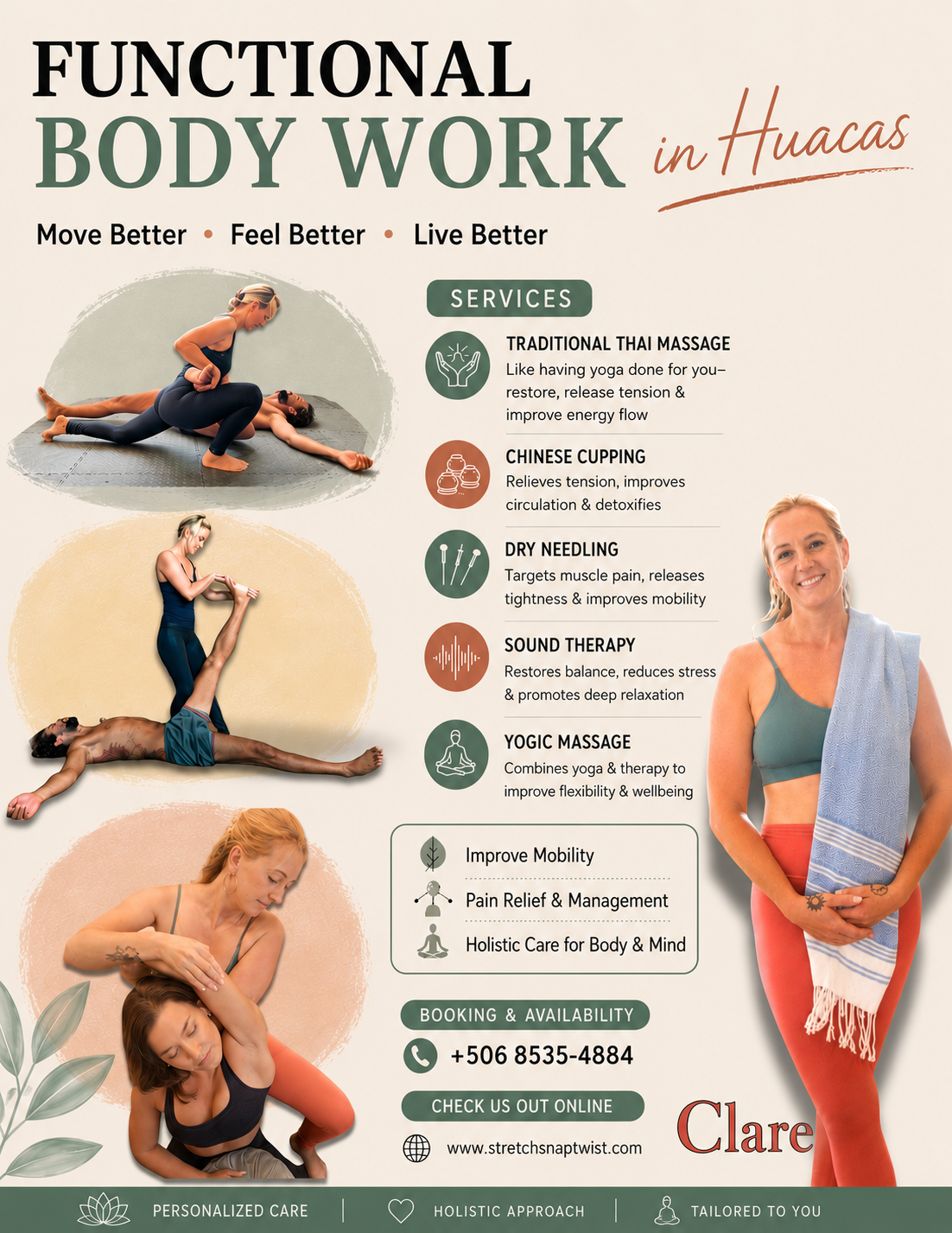 Poster advertising holistic bodywork services including traditional Thai massage, Chinese cupping, dry needling, sound therapy, and yoga massage, featuring images of people receiving treatments and a smiling woman with a towel.