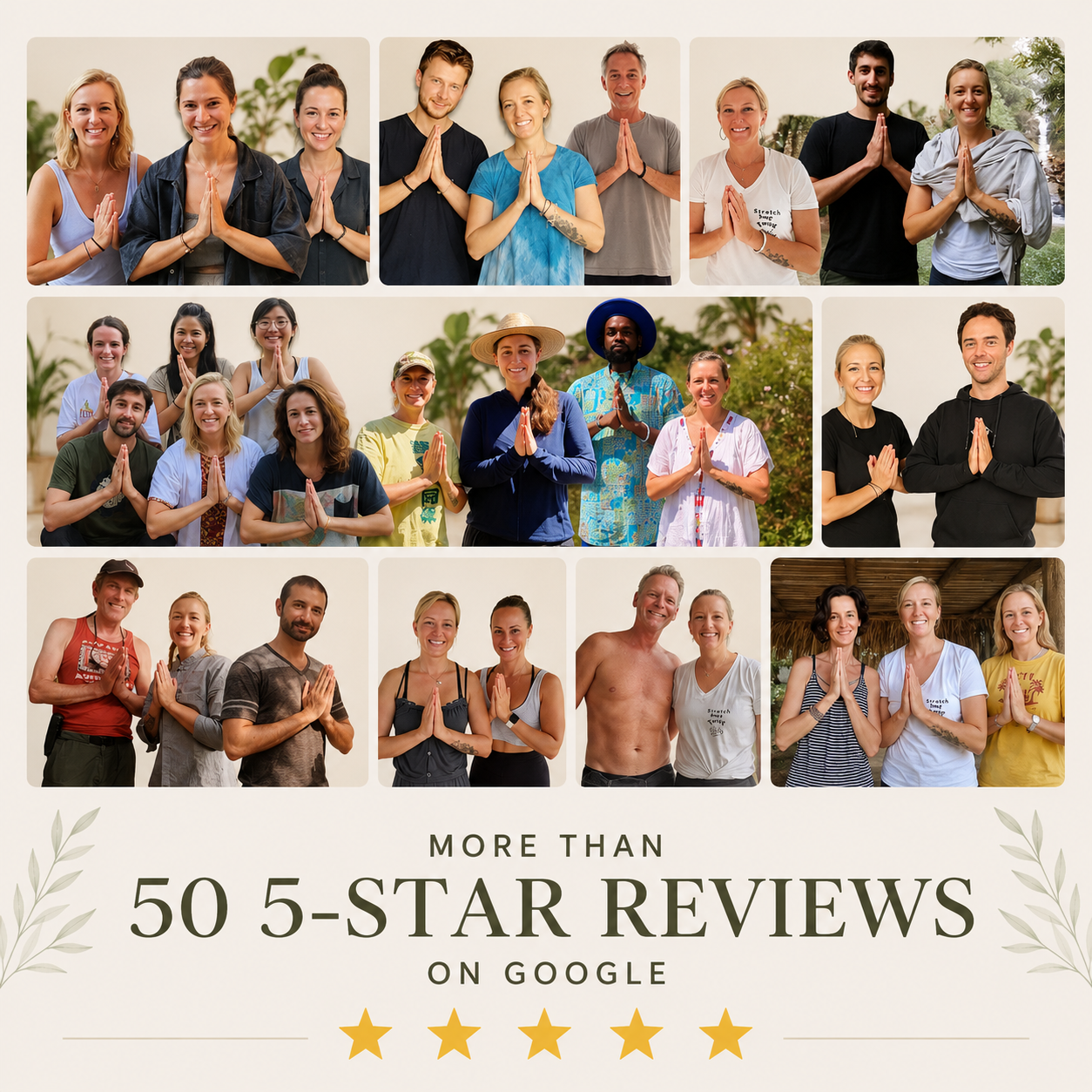 Collage of diverse groups of people smiling outdoors, practicing yoga or meditation, with text overlay stating 'More Than 50 5-Star Reviews on Google' and five gold stars.