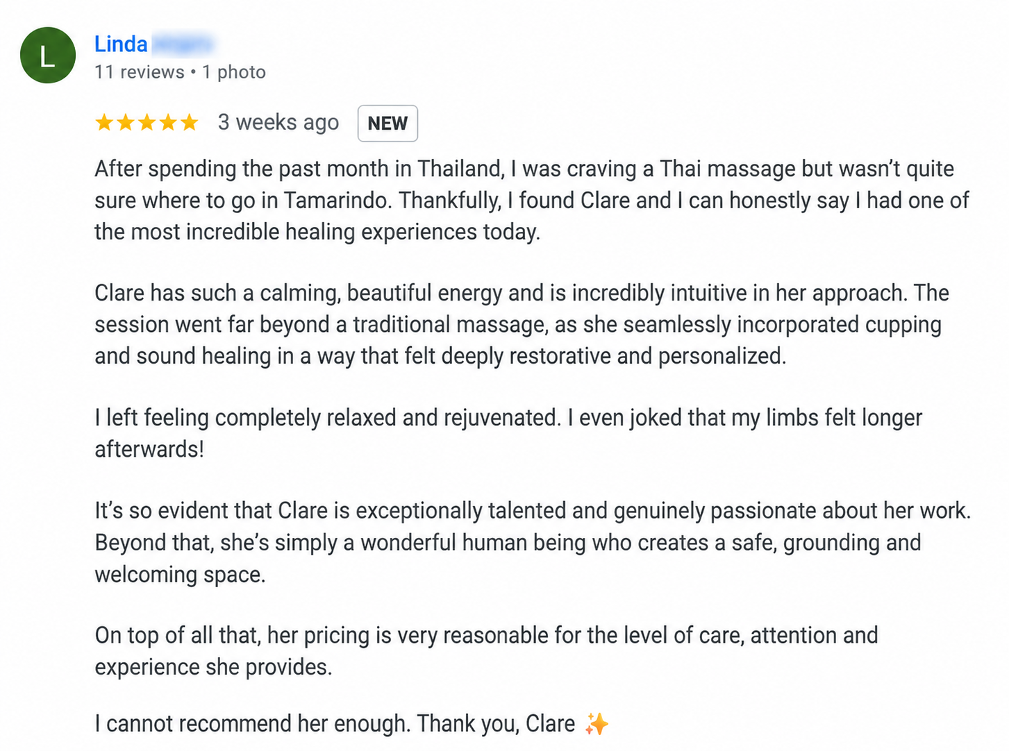 Screenshot of a Google review for a massage therapy service, written by Linda. The review is 5 stars and describes a positive experience with the therapist Clare in Tamarind, Thailand.