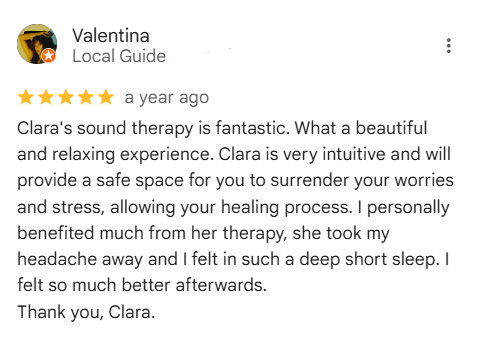 Screenshot of a Yelp review for Valentina, a local guide, praising Clara's sound therapy for stress relief, mentioning personal benefits such as headache relief and improved sleep.
