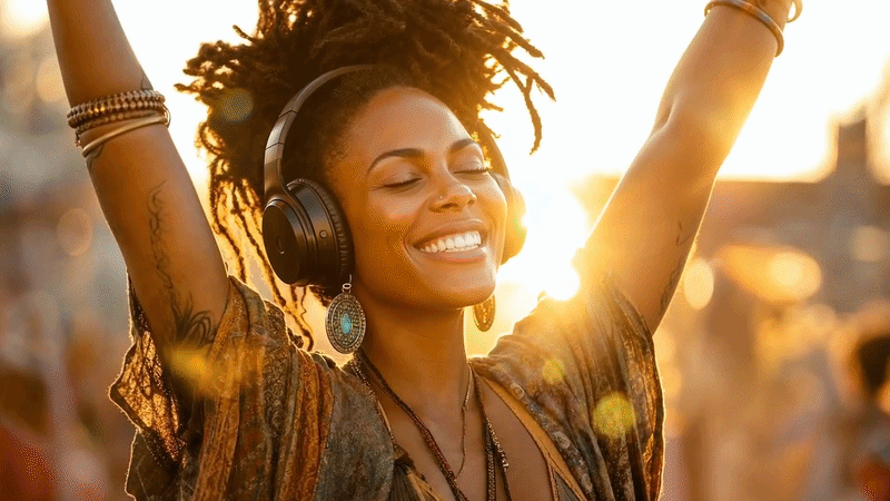 A young woman with curly hair enjoying music with headphones, arms raised, smiling with eyes closed in a sunny outdoor setting.