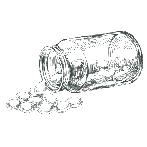 Illustration of a pill bottle spilling pills onto a surface.