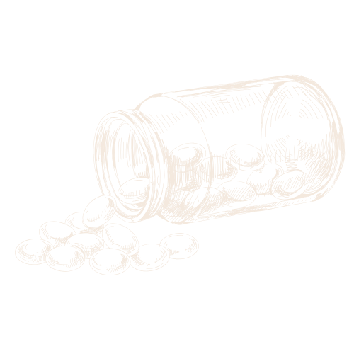 A glass pill bottle tipped over with capsules spilling out.