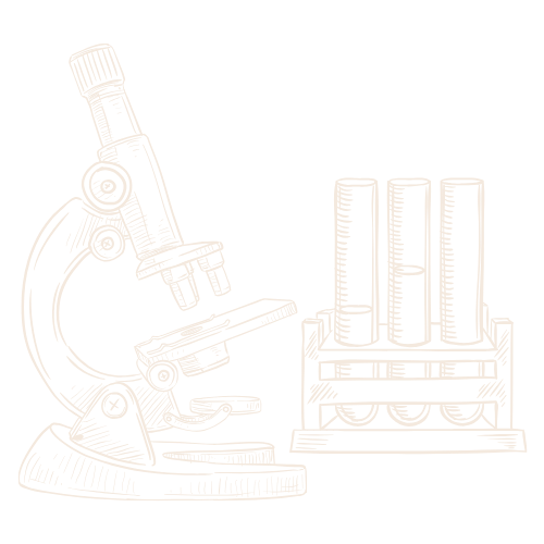 Drawing of a microscope and test tubes on a rack.