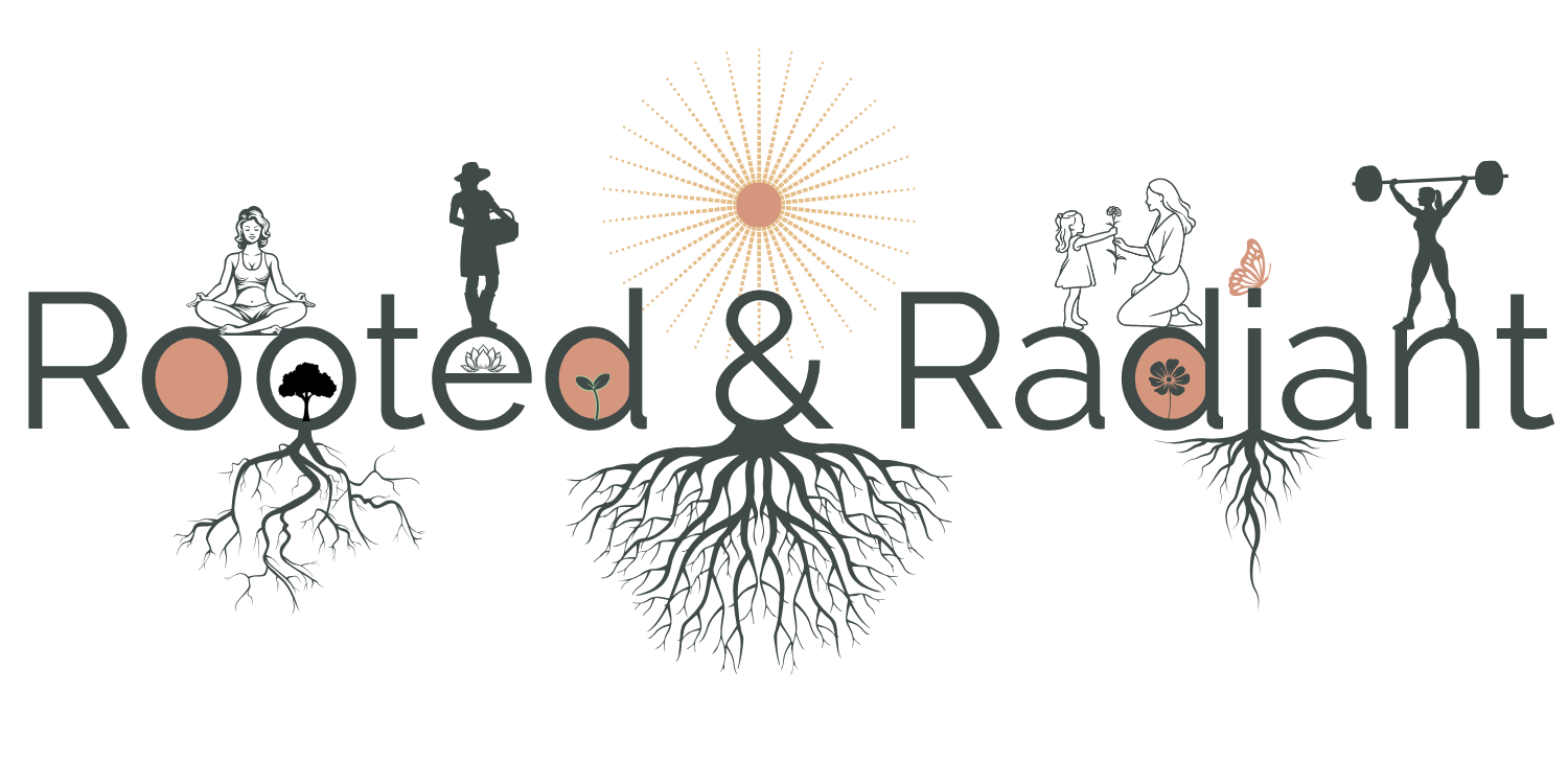 Logo with the text 'Rooted & Radiant', featuring illustrations of a woman meditating, person running, child with adult, weightlifter, and butterflies, with roots and a sun icon.