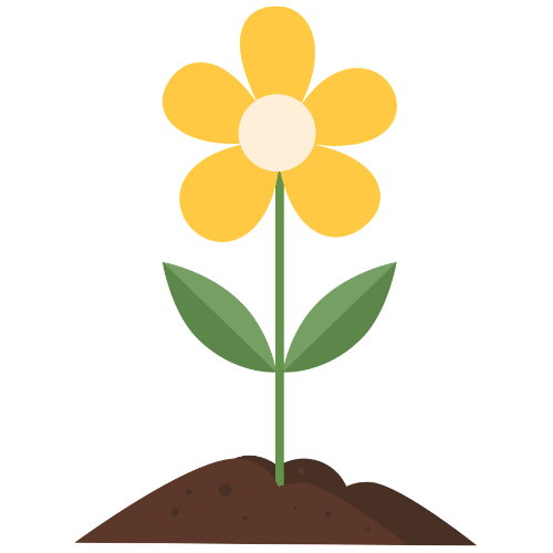 Cartoon yellow flower with green leaves and soil at the base.