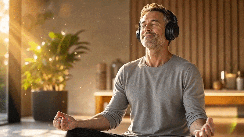 A middle-aged man with gray hair and a beard meditating with eyes closed, wearing headphones in a cozy living room with sunlight and plants.