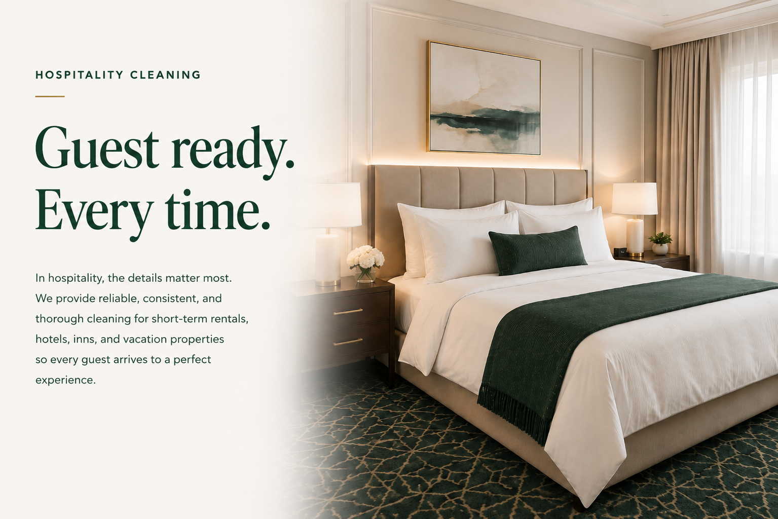 Hospitality cleaning from SpotCheck Florida for short-term rentals, hotels, inns, and vacation properties, shown beside a prepared guest room.