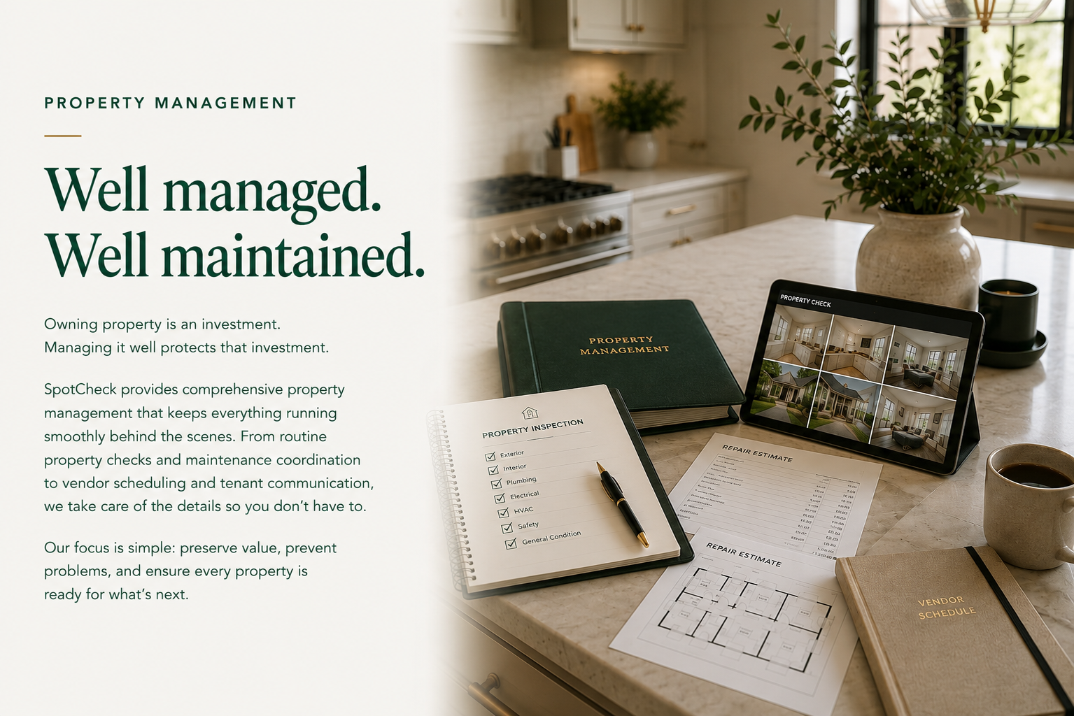 Property management from SpotCheck Florida. Well managed. Well maintained. Property checks, maintenance coordination, and vendor scheduling, shown beside property planning materials.