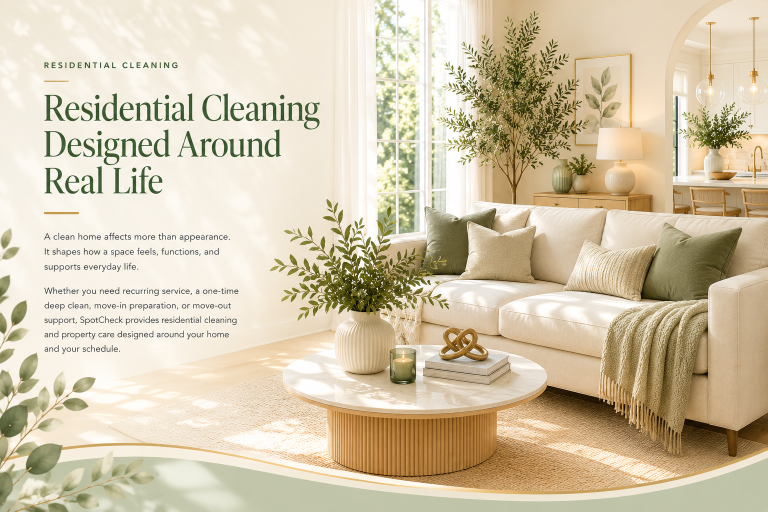 Residential cleaning designed around real life, from SpotCheck Florida. Recurring, deep, move-in, and move-out cleaning beside a bright living room.