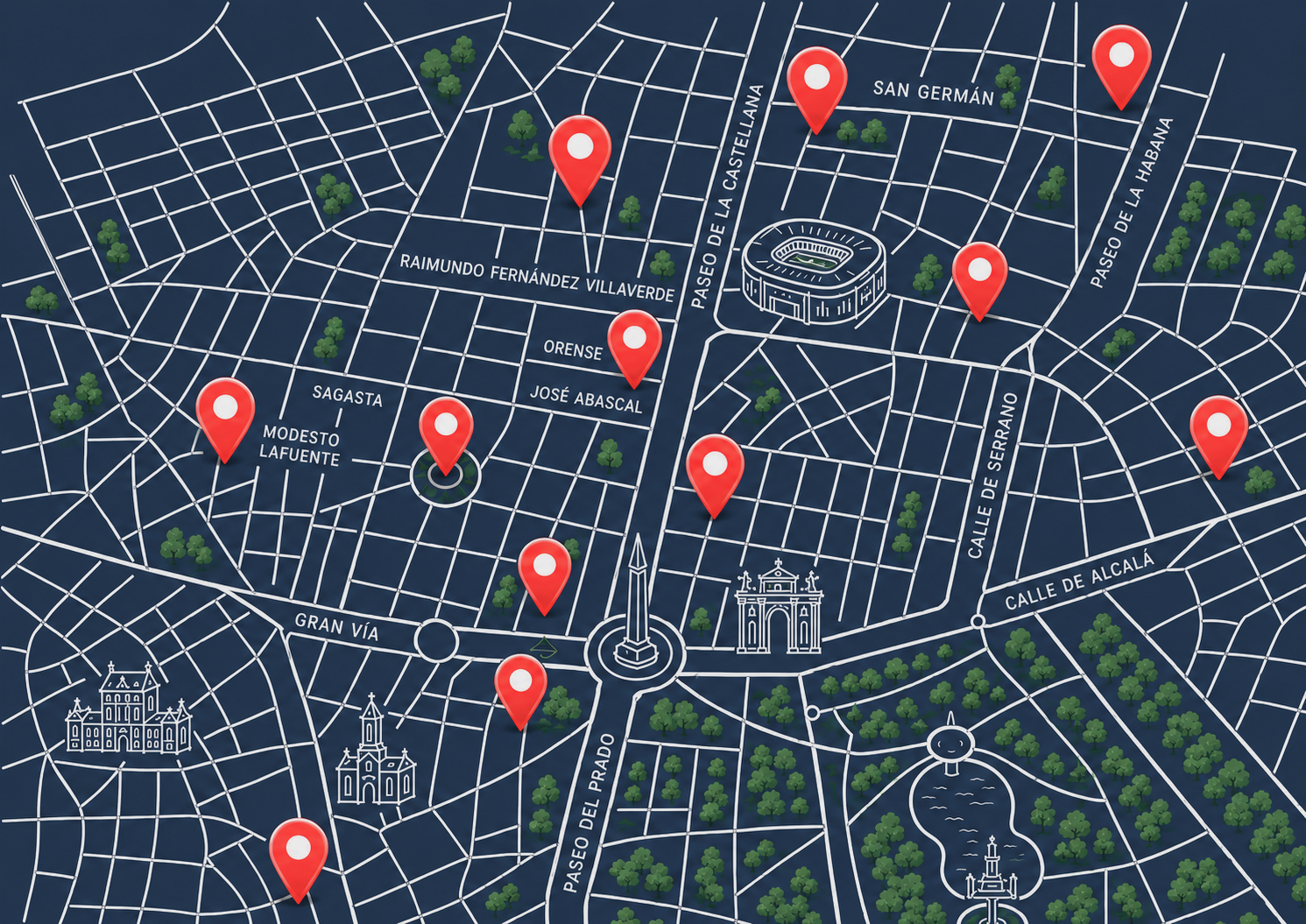 Map of a city with street names, green parks, iconic buildings, and red location markers indicating points of interest.