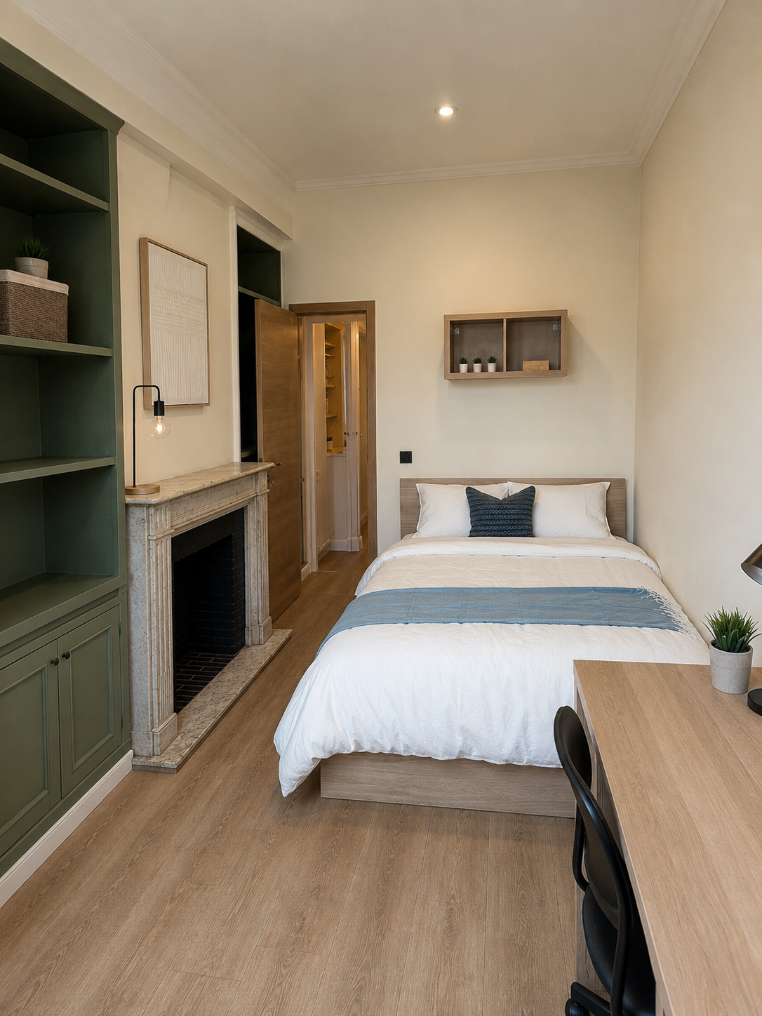A cozy bedroom with a bed, a small desk with a chair, a fireplace, and built-in shelves and cabinets.