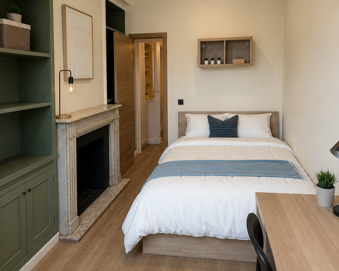 Bedroom with a bed, bookshelf, fireplace, and small decor.