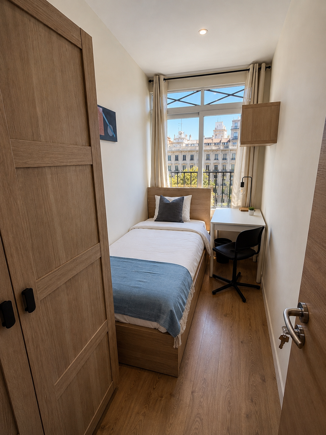 Small bedroom with a single bed, black chair, desk, and large window showing city buildings outside.