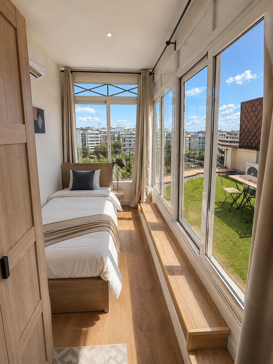A small bedroom with a bed near large windows and glass doors, overlooking a balcony with a table and chairs, cityscape view, and bright blue sky.