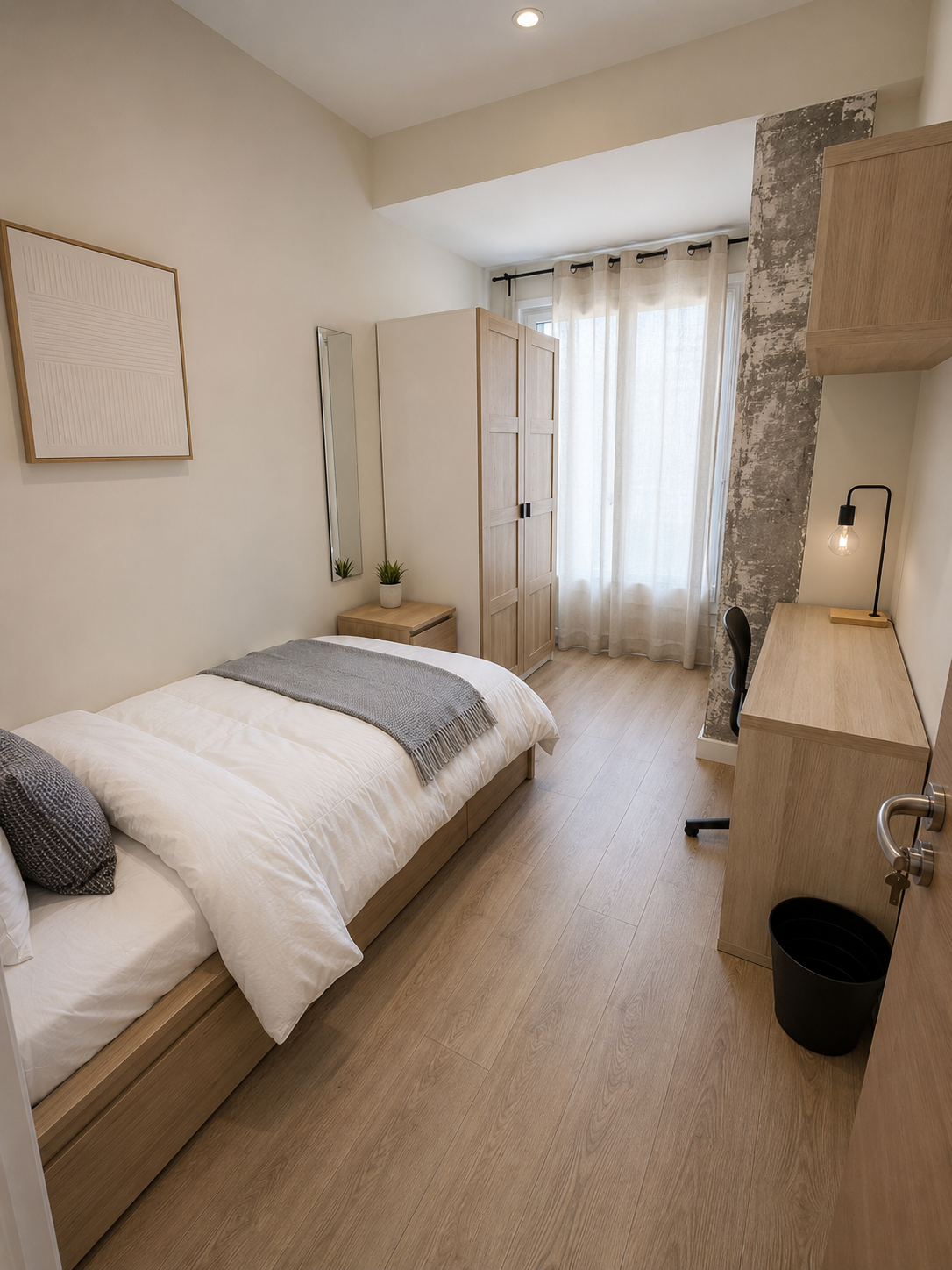 A minimalist bedroom with a single bed, a nightstand with two small plants, a wardrobe, a desk with a black chair, a wall-mounted lamp, and a window with sheer curtains.