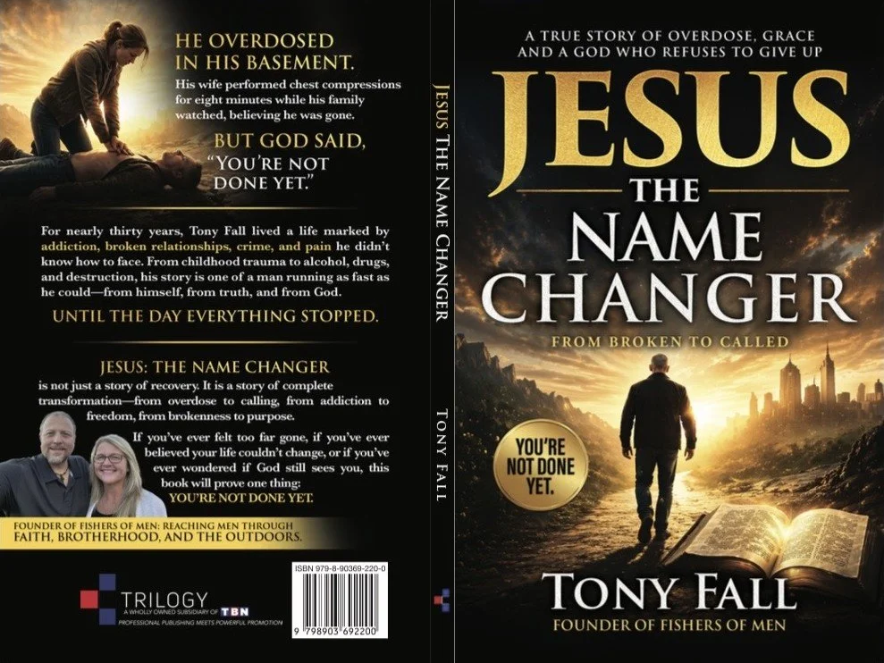Book cover titled "Jesus the Name Changer: From Broken to Called" by Tony Fall, depicting a man walking towards sunlight over a city skyline, with an open Bible in the foreground, and a silhouette of a person kneeling with arms raised at sunset or sunrise.