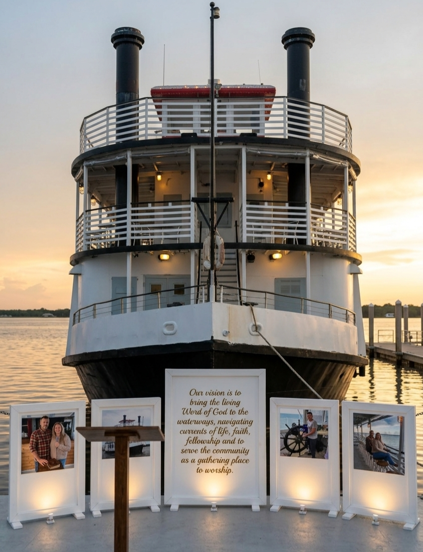 A pier with a large white paddle boat docked at sunset, with framed photos of people and a sign with a spiritual message in front of the boat.