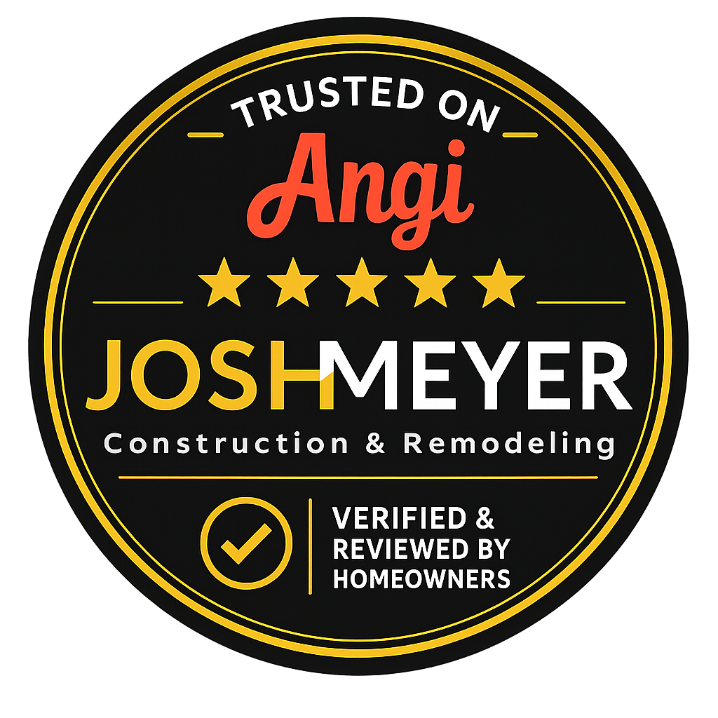 Round black badge with yellow borders and text that says, 'Trusted on Angi, Josh Meyer Construction & Remodeling, Verified & Reviewed by Homeowners', with five yellow stars and a yellow checkmark.