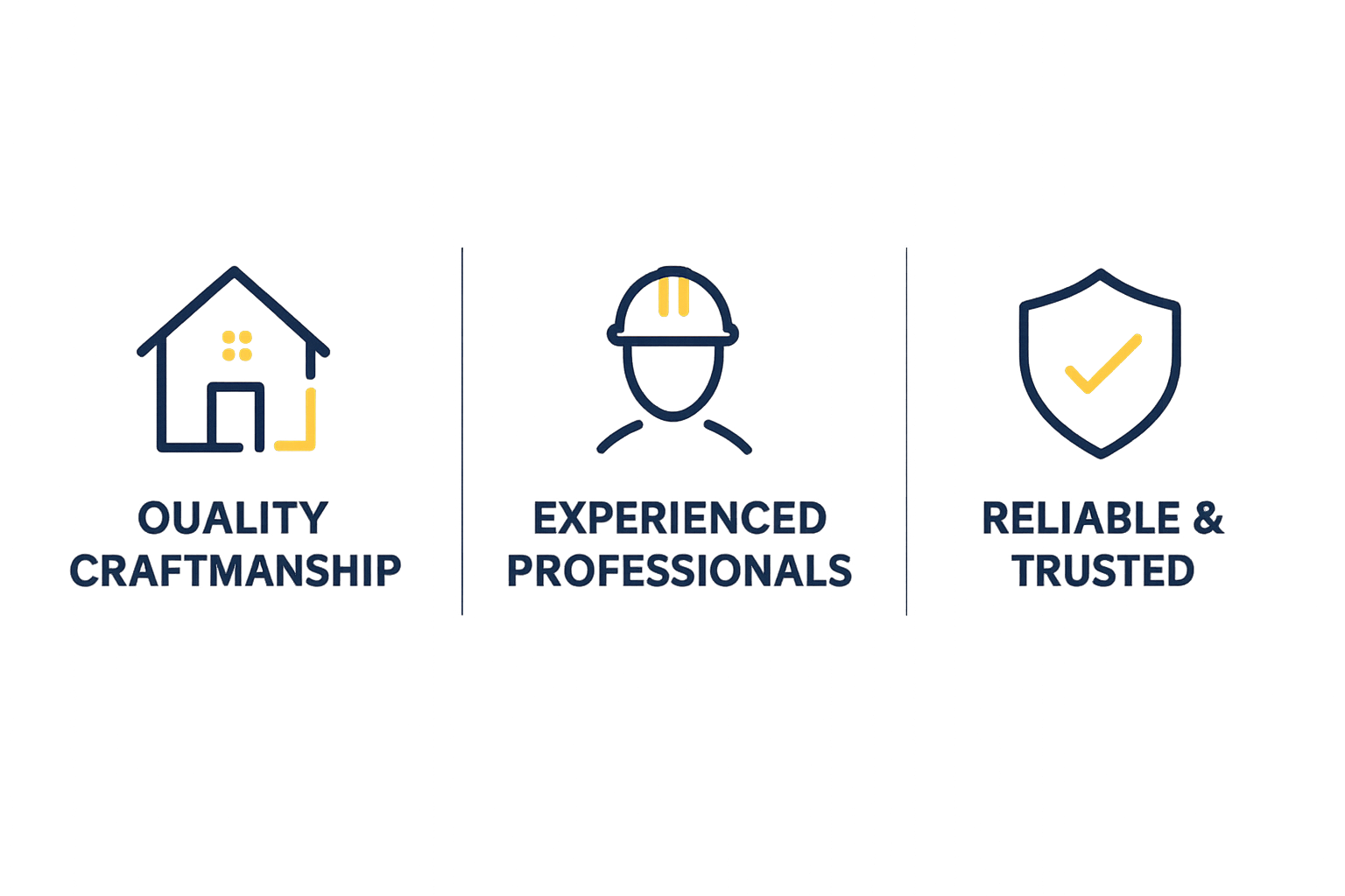 Icons representing house quality craftsmanship, experienced professionals, and reliable trusted service with accompanying text.