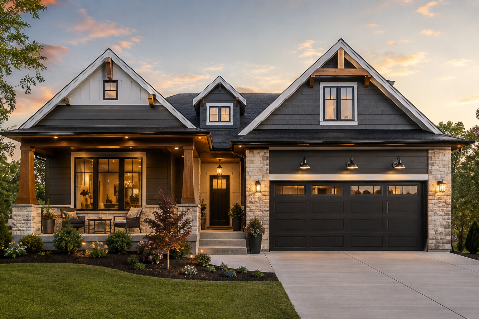Modern two-story house with dark gray siding, stone accents, and black garage door, lit by outdoor lights at sunset, with a landscaped front yard.