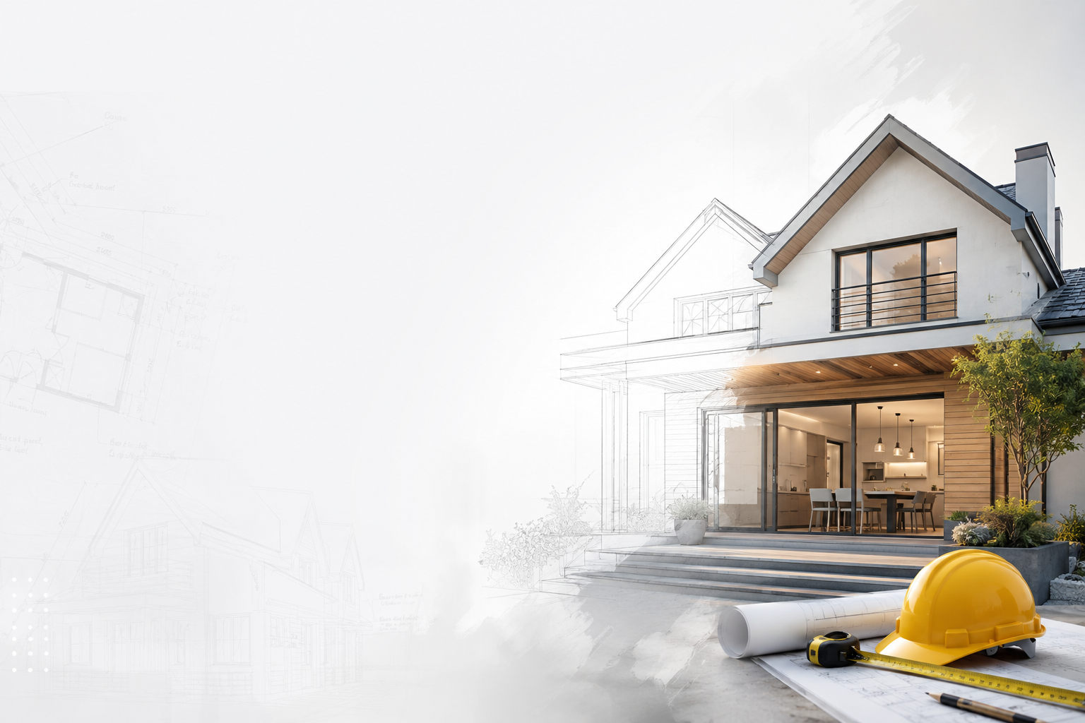 A modern house under construction with architectural blueprints, a yellow safety helmet, measuring tape, and rolled blueprint on the front steps.