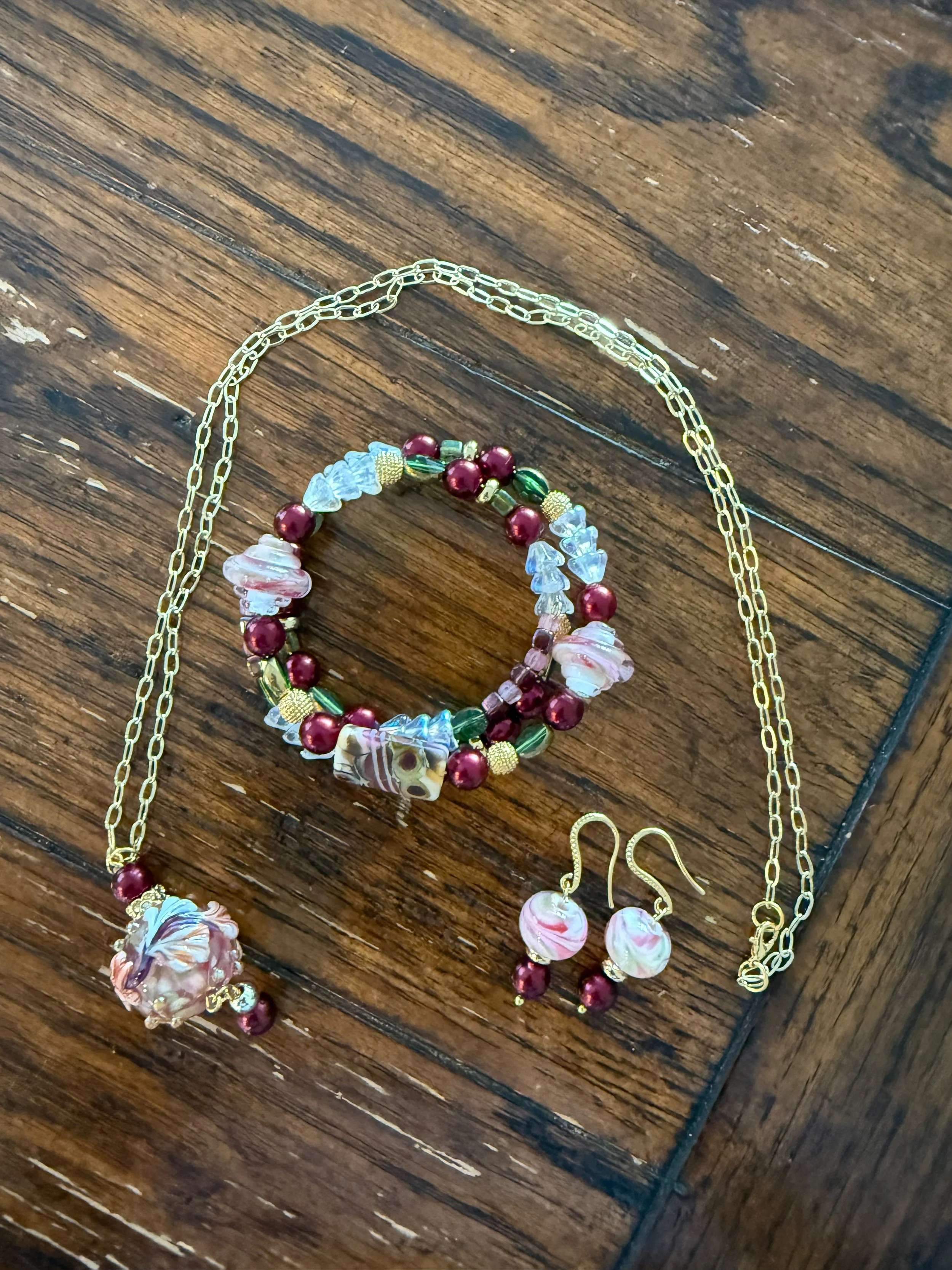 Handmade Lamp-work Glass Jewelry Set, Burgundy Floral Swirls, Gold Plated Chain