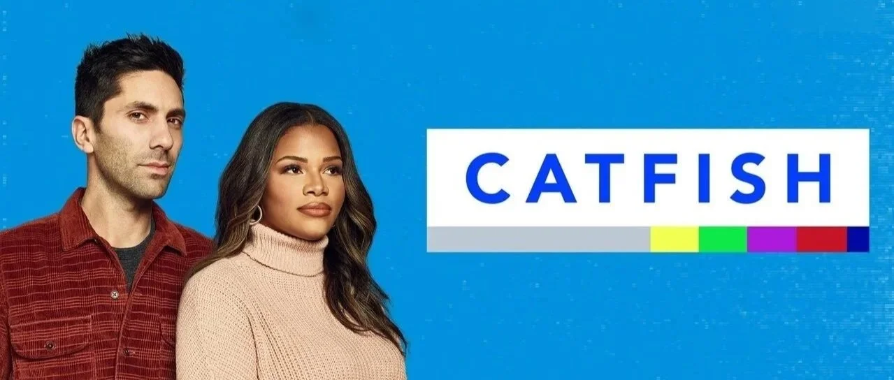 Two people, a man and a woman, stand side by side against a blue background, with the word 'Catfish' in bold blue letters on a white rectangular banner.