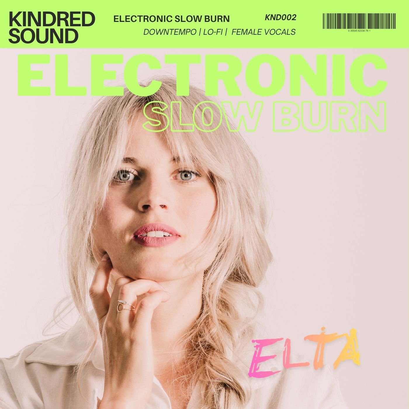 Album cover featuring a woman with blonde hair and blue eyes, touching her chin, with neon green, pink, and orange text overlay about electronic slow burn music.