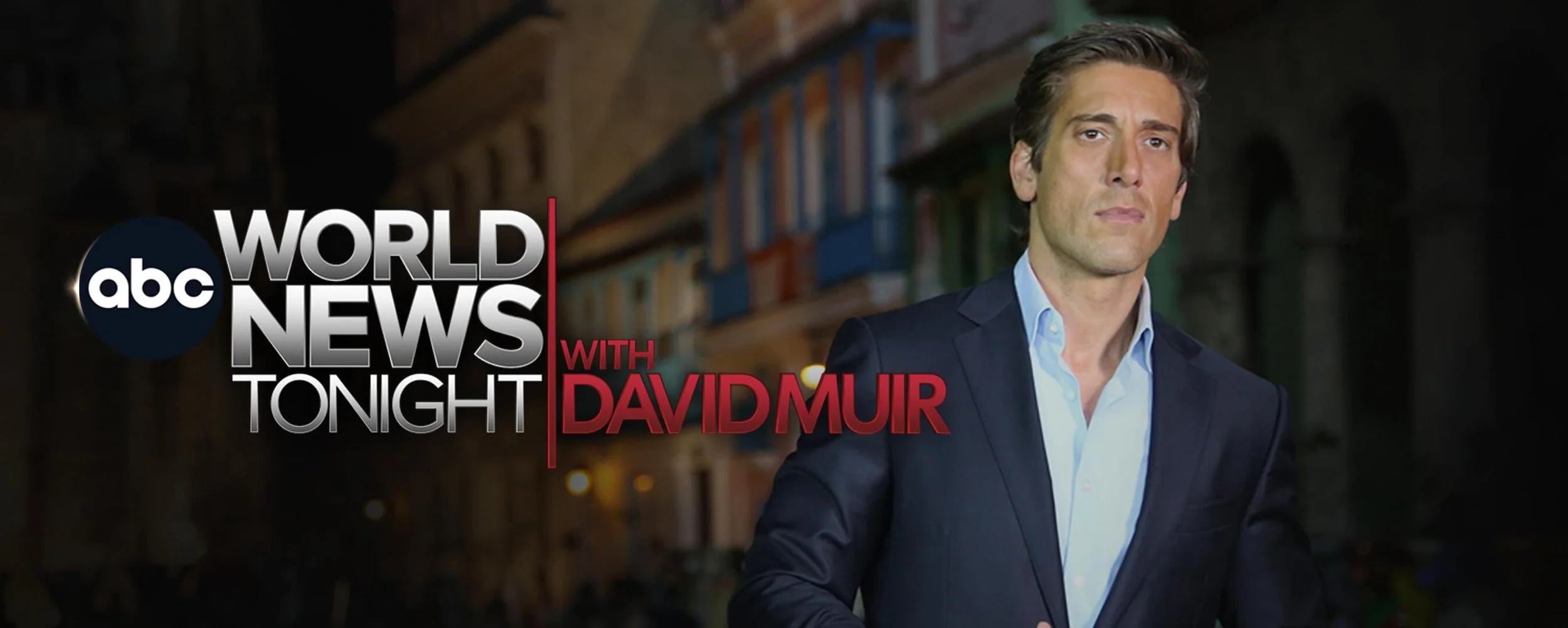 Promotional graphic for ABC World News Tonight featuring David Muir, with a background of city buildings at dusk.