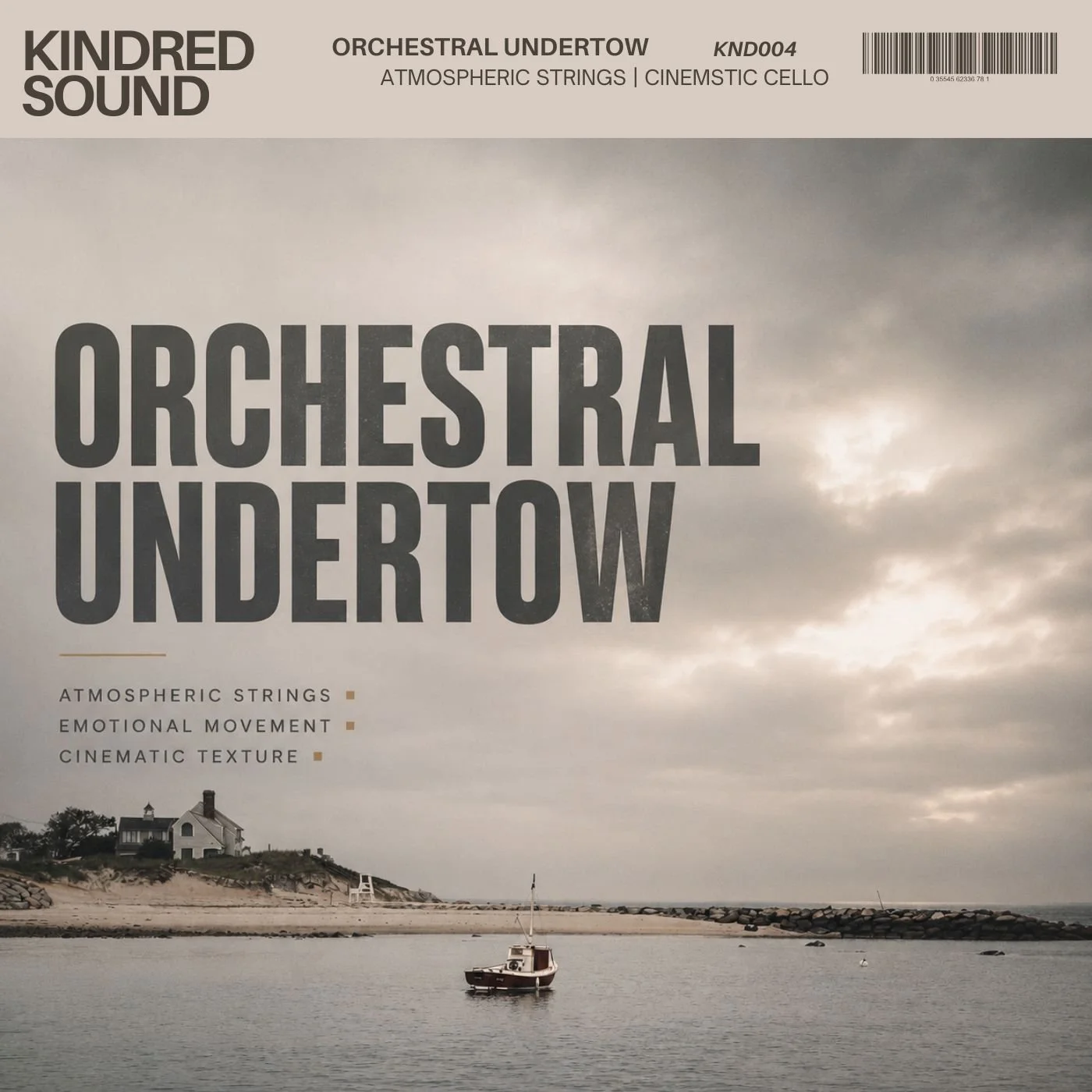 A coastal scene with a small boat floating on calm water, a house on a hillside, and cloudy sky overhead, with text overlay advertising music titled 'Orchestral Undertow' by Kindred Sound.