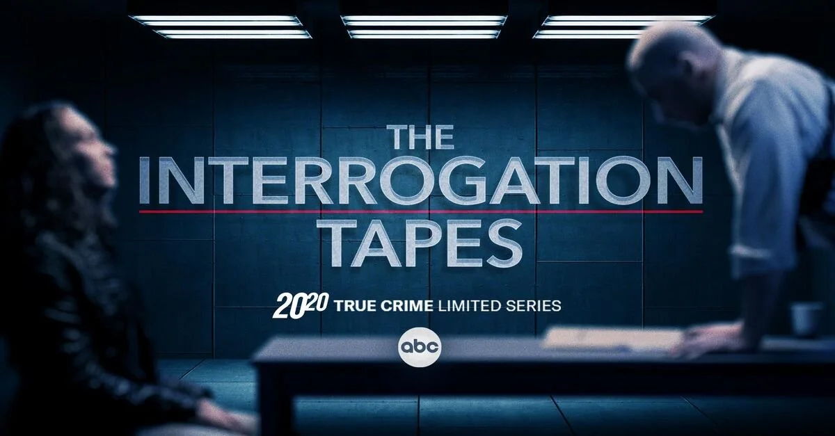 Title screen for the TV series 'The Interrogation Tapes,' a limited series about true crime, featuring a dimly lit room with two blurred figures sitting at a table and the ABC logo.