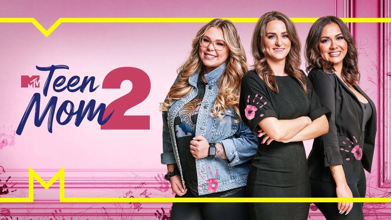 Poster for MTV's Teen Mom 2 showing three young women smiling against a pink background with yellow borders.