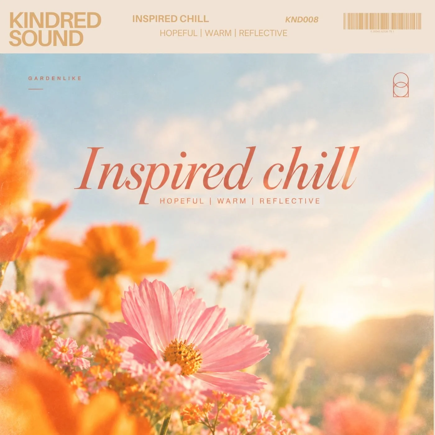 A packaging label for a flower seed mix called 'Inspired Chill' featuring a background of pink, orange, and purple flowers under a blue sky with clouds. The label highlights qualities like hopeful, warm, and reflective.