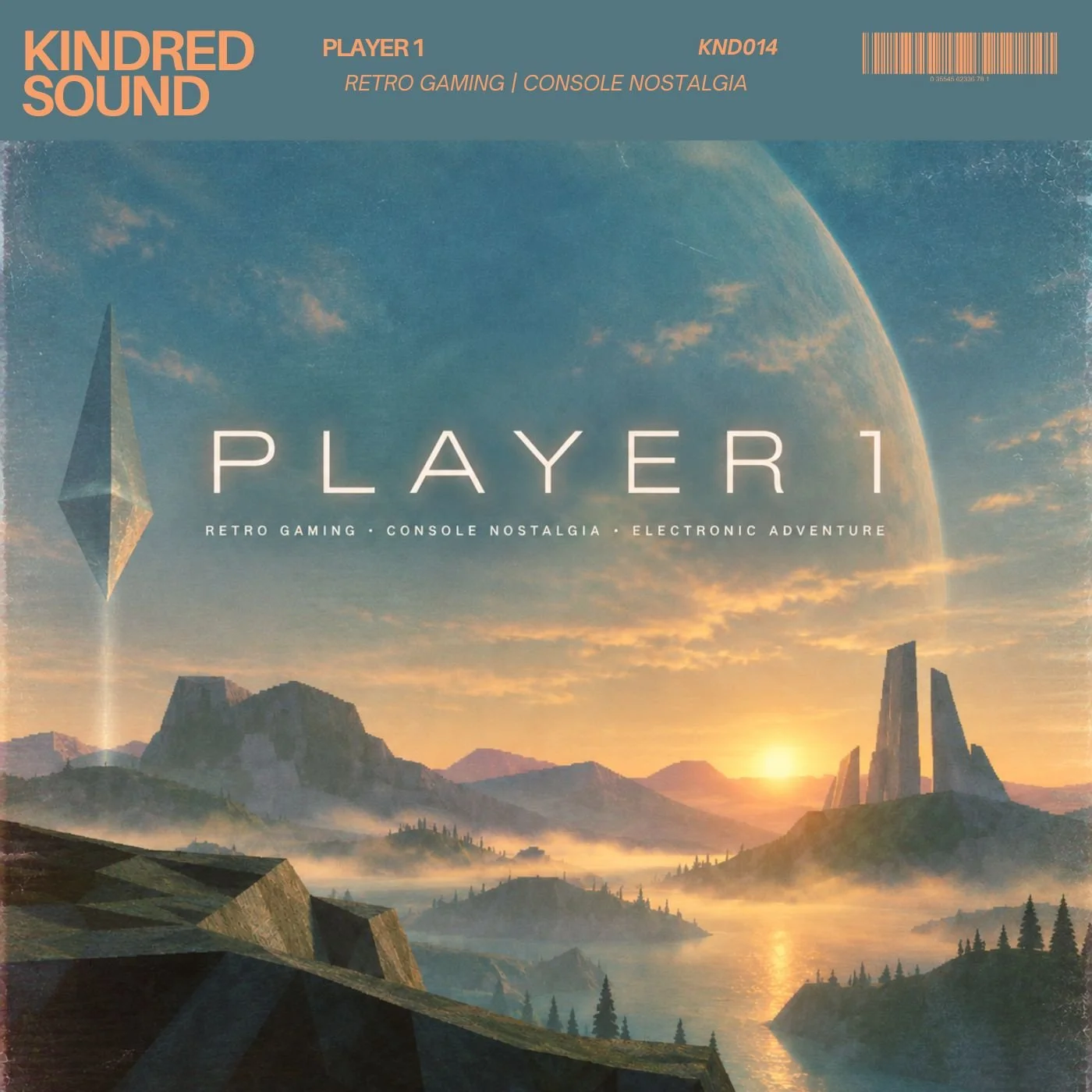 Cover art for a music album titled 'PLAYER 1' by KINDRED SOUND featuring a futuristic landscape with mountains, a river, and a large planet in the sky, with a retro-futuristic style.