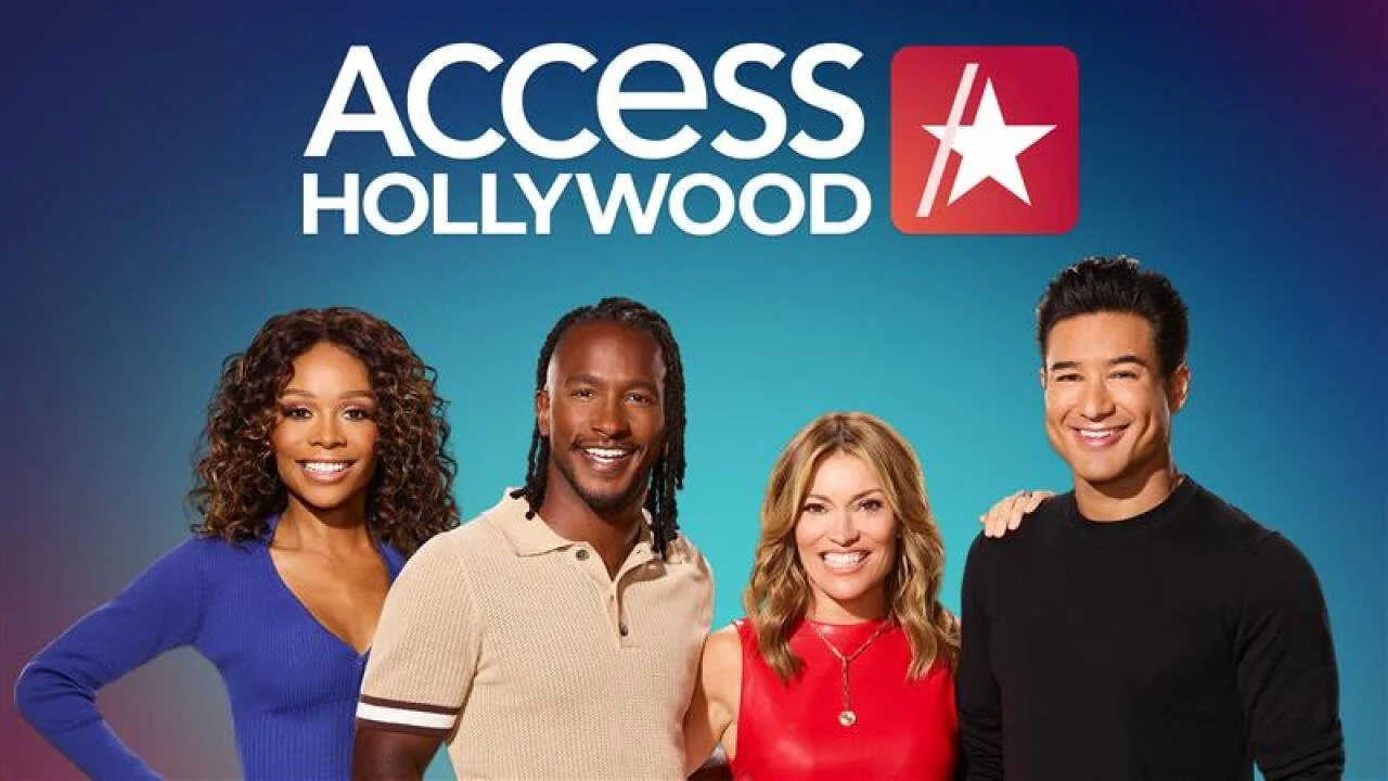 A promotional image for Access Hollywood featuring four smiling hosts standing side by side against a blue background, with the Access Hollywood logo and star icon at the top.