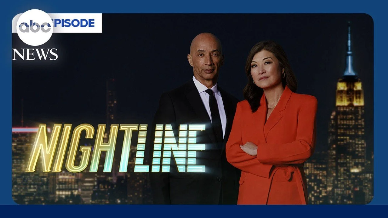 Promotional image for ABC Nightline news show featuring a man in a suit and a woman in an orange blazer against a city skyline at night, with Nightline logo and ABC News branding.