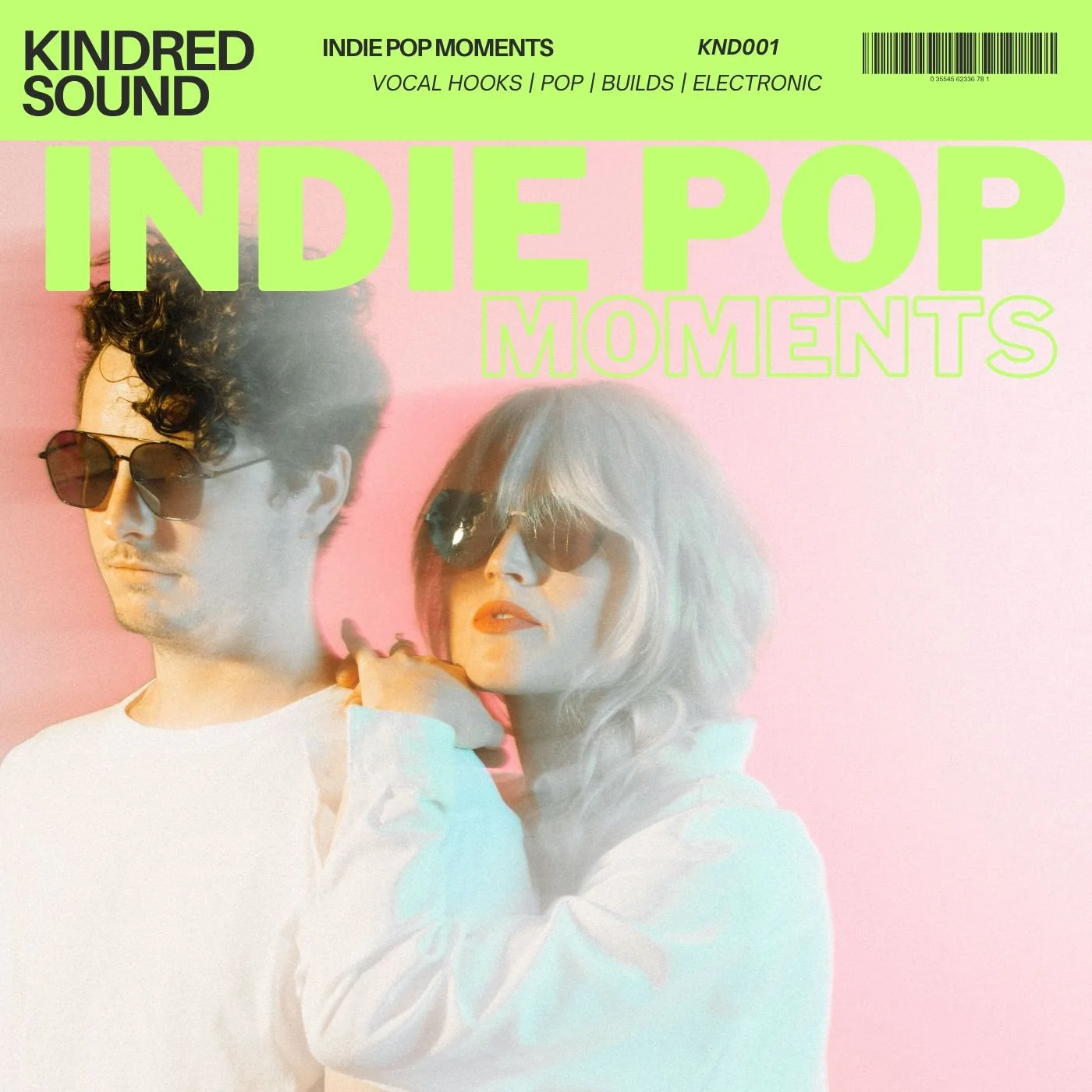 Cover art featuring two people wearing sunglasses against a pink background with neon green text, promoting indie pop music and related genres.