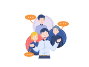 Group of five diverse people communicating with speech bubbles.
