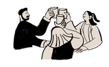 Two people toasting with drinks in a bar or restaurant setting.