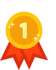 Gold medal with a red ribbon and number one on it