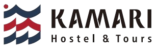 Logo for KAMAL Hostel & Tours featuring a stylized shield with red and blue stripes.