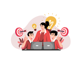 Three people working together with laptops, surrounded by target symbols and lightbulb icons, symbolizing collaboration and idea generation.