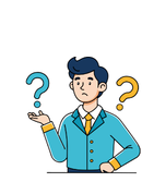 Illustration of a confused man in a blue suit with question marks around him