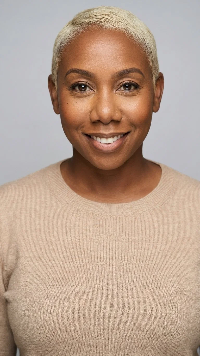 A woman with short platinum blonde hair, wearing a beige sweater, smiling at the camera against a plain light gray background.