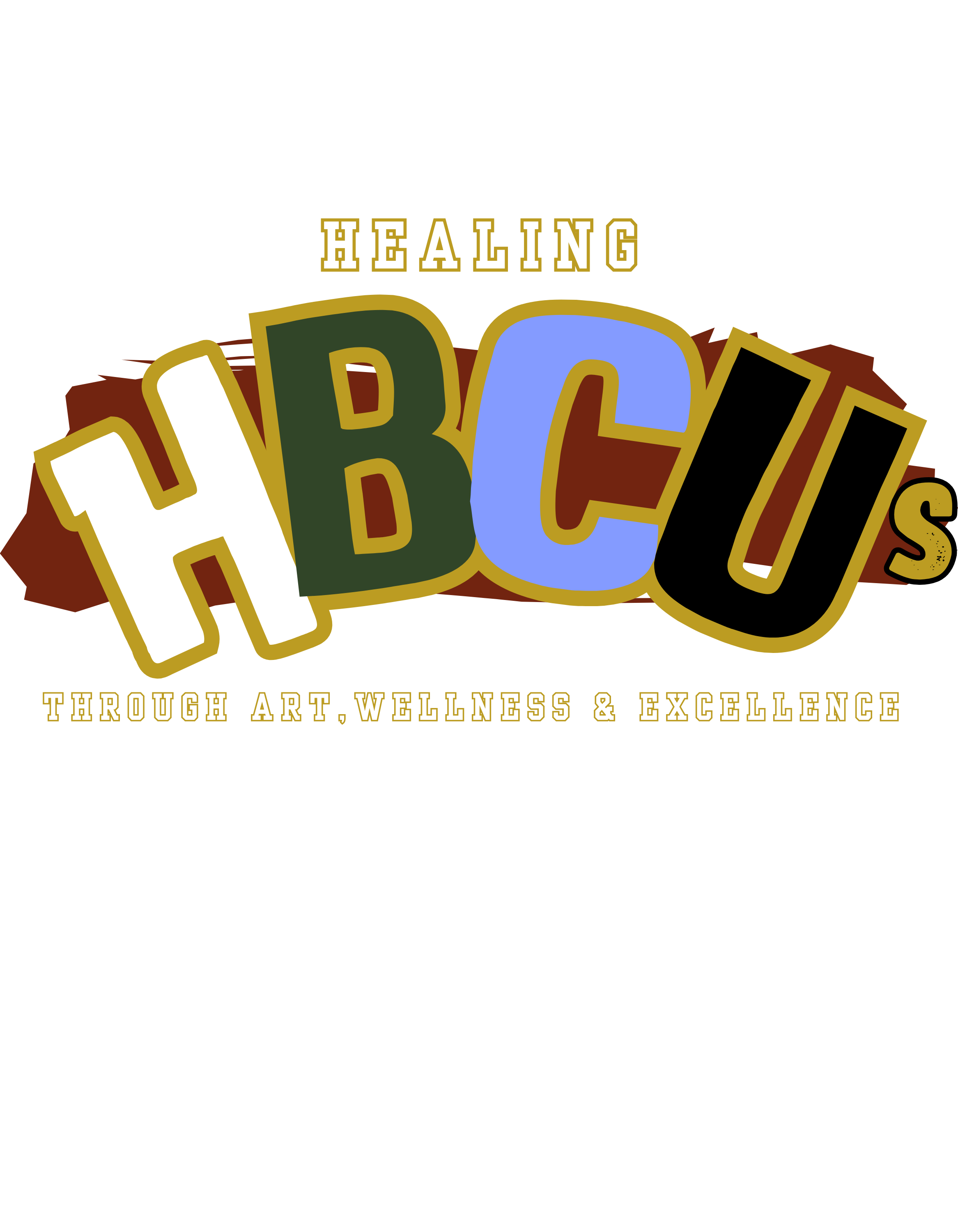 The image features the phrase 'Healing Through Art, Wellness & Excellence' in a stylized design with colorful block letters and a black background.