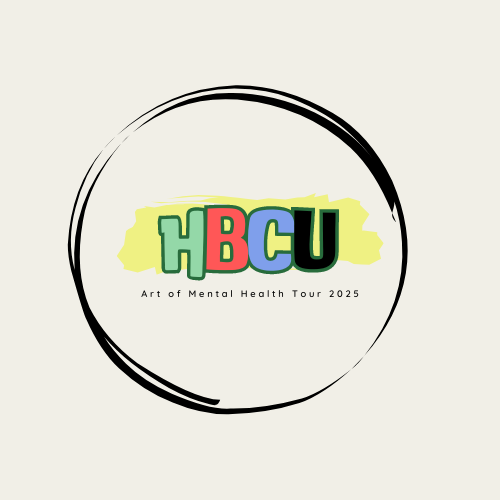 Logo for HBCU Art of Mental Health Tour 2025 featuring colorful letters 'HBCU' inside a black and white circular brushstroke outline.