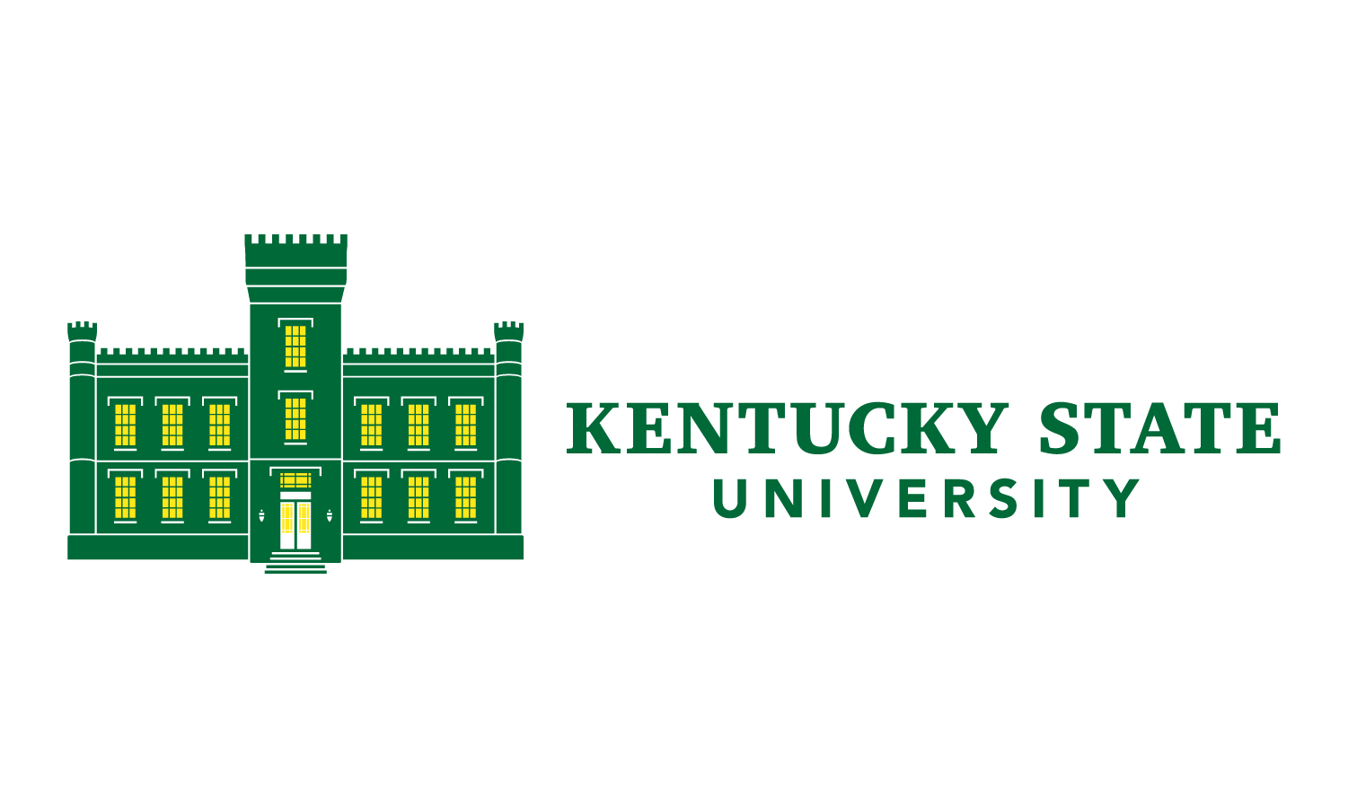 Kentucky State University logo featuring a green castle with lit yellow windows, accompanied by the text 'Kentucky State University.'